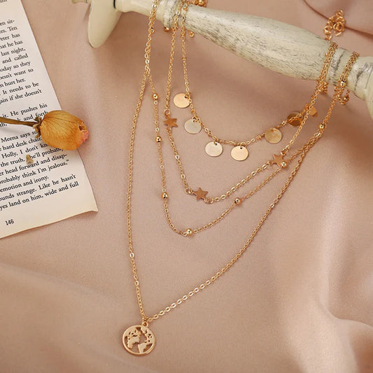Gold Plated Trending Globe Inspired Layered Necklace For Women