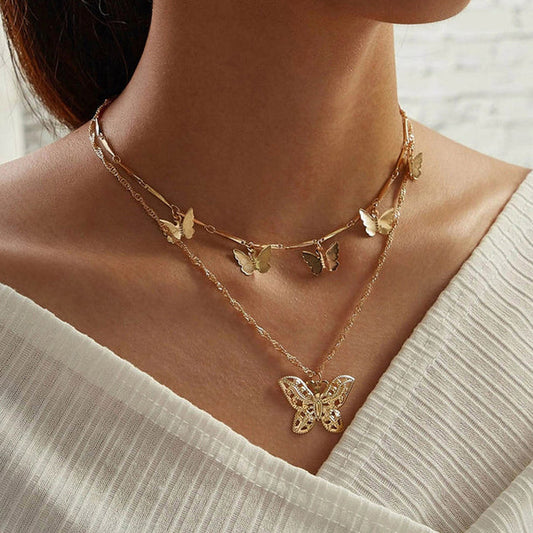 Gold Plated Butterfly Inspired Layered Necklace For Women