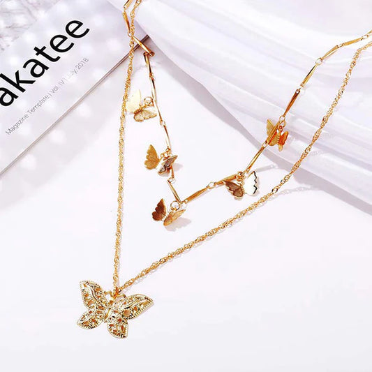 Gold Plated Butterfly Inspired Layered Necklace For Women