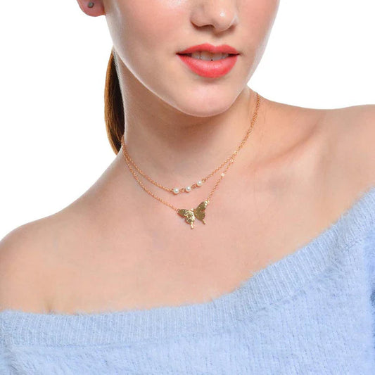 Gold Plated Tantalizing Pearl Butterfly Multi Layer Necklace For Women