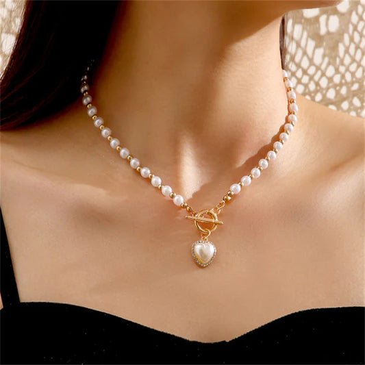 White Gold Plated Heart Inspired Pearl Necklace For Women