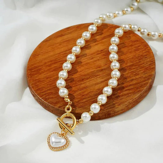 White Gold Plated Heart Inspired Pearl Necklace For Women