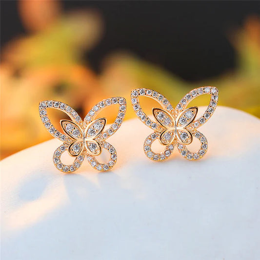 Gold Plated American Diamond Studded Dual Butterfly Shaped Korean Stud Earrings