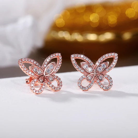 Rose Gold Plated American Diamond Studded Dual Butterfly Shaped Korean Stud Earrings