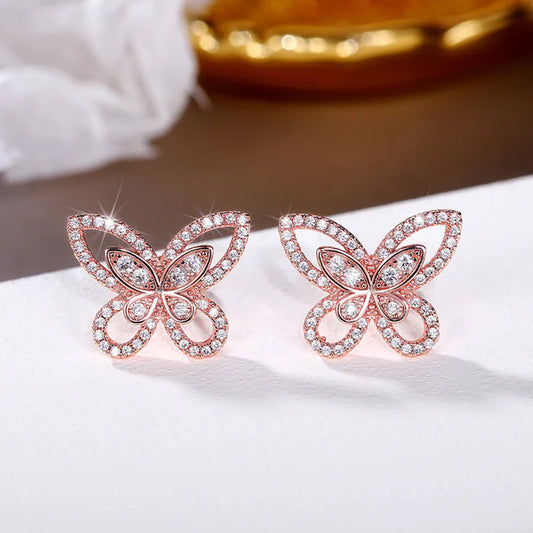 Rose Gold Plated American Diamond Studded Dual Butterfly Shaped Korean Stud Earrings