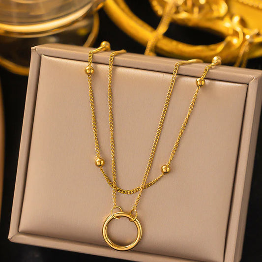 Gold Plated Stainless Steel Anti Tarnish Dual Layered Chain Hoop Pendant Necklace