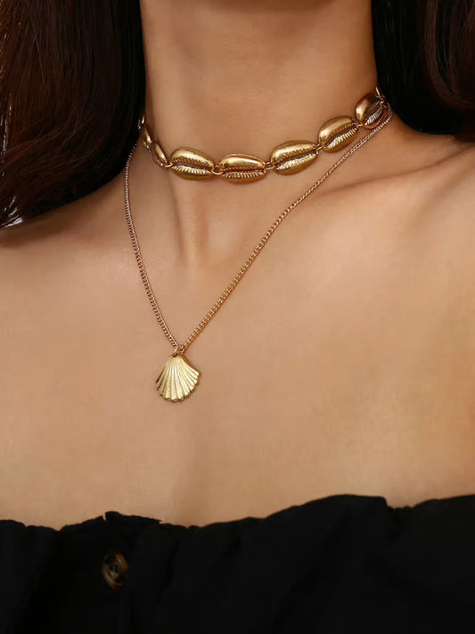 Gold Tone Link Chain Sea Shells Multi Layer Necklace