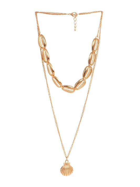 Gold Tone Link Chain Sea Shells Multi Layer Necklace
