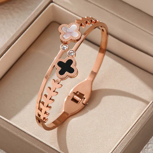Rose Gold Plated Stainless Steel Mother Of Pearls Two Clover Leaf Irish Design Bracelet For Women