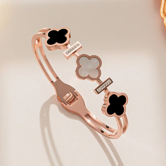 Rose Gold Plated Stainless Steel Mother Of Pearls Three Clover Leaf Irish Design Bracelet For Women