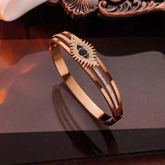 Rose Gold Plated Stainless Steel American Diamond Studded Evil Eye Bracelet For Women