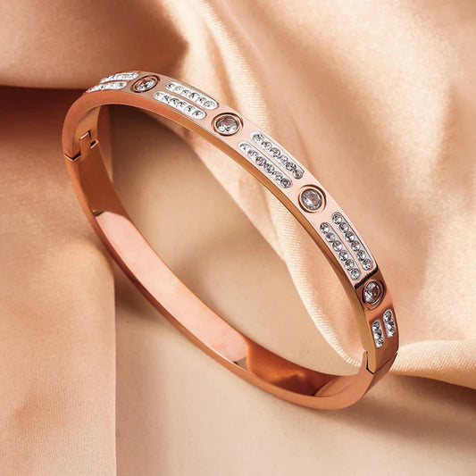 Rose Gold-Plated Stainless Steel American Diamond Studded Bangle-Style Bracelet For Women