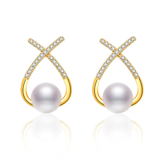 Gold Plated American Diamond Studded Cross Shape Korean Stud Earrings