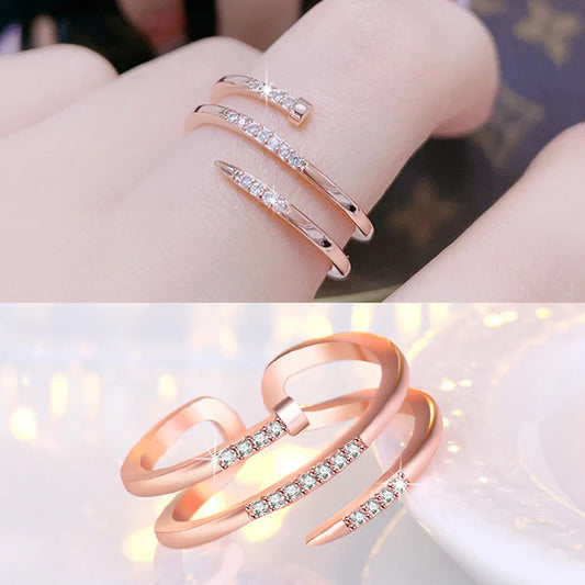 Rose Gold Plated American Diamond Studded Nail Shape Contemporary Korean Finger Ring