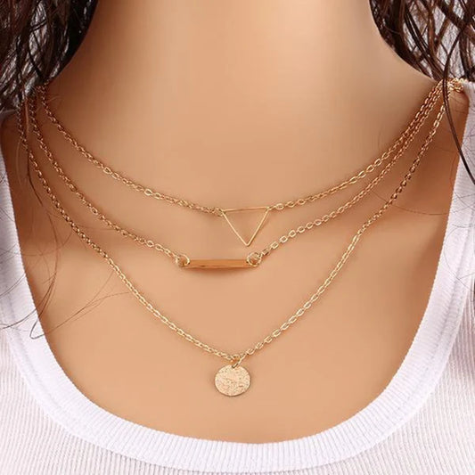 Gold Plated Fashionable Geometric Multi Layered Ravishing Necklace For Women
