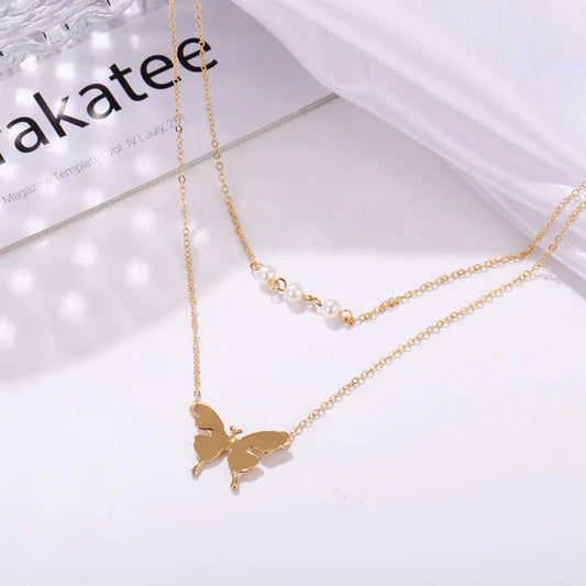 Gold Plated Tantalizing Pearl Butterfly Multi Layer Necklace For Women