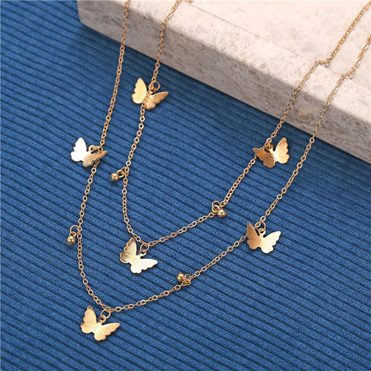 Gold Plated Butterfly Inspired Layered Necklace For Women