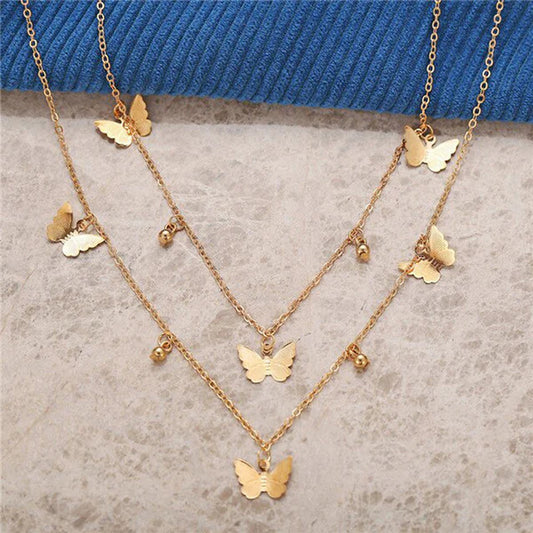Gold Plated Butterfly Inspired Layered Necklace For Women