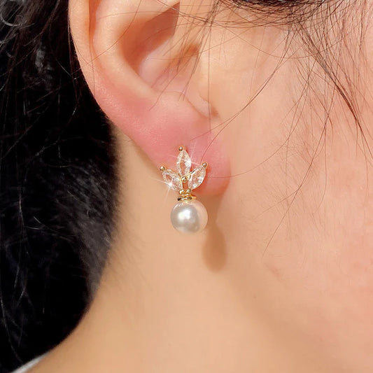 Gold Plated American Diamond Studded Pearl Drop Korean Earrings