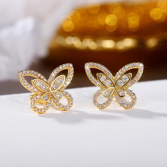 Gold Plated American Diamond Studded Dual Butterfly Shaped Korean Stud Earrings