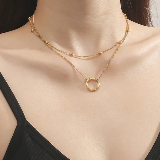 Gold Plated Stainless Steel Anti Tarnish Dual Layered Chain Hoop Pendant Necklace