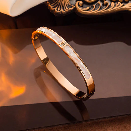 Rose Gold Plated Stainless Steel Mother Of Pearls Contemporary Bracelet For Women