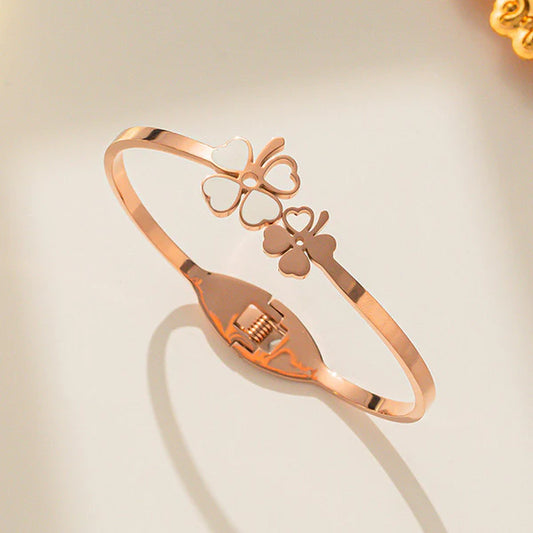 Rose Gold Plated Stainless Steel Mother Of Pearls Dual Flower Openable Floral Bracelet For Women