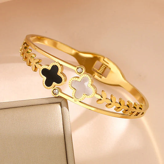 Gold Plated Stainless Steel Mother Of Pearls Two Clover Leaf Irish Design Anti-Tarnish Bracelet For Women