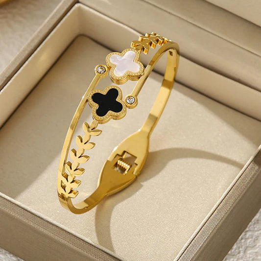 Gold Plated Stainless Steel Mother Of Pearls Two Clover Leaf Irish Design Anti-Tarnish Bracelet For Women