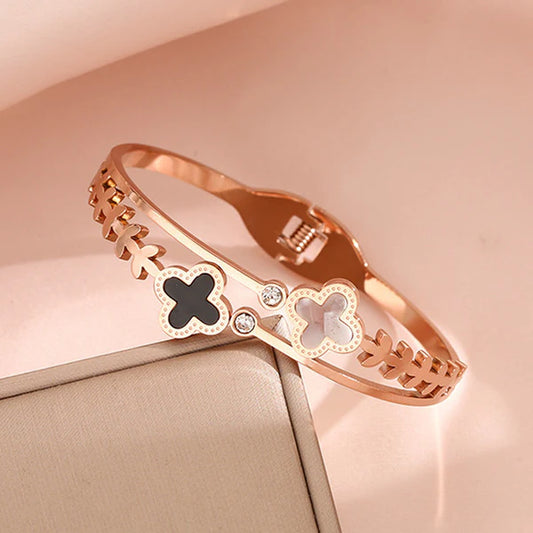 Rose Gold Plated Stainless Steel Mother Of Pearls Two Clover Leaf Irish Design Bracelet For Women