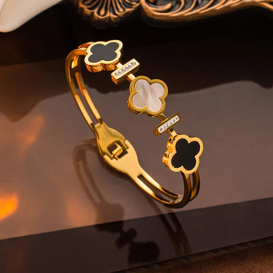 Gold Plated Stainless Steel Mother Of Pearls Three Clover Leaf Irish Design Anti-Tarnish Bracelet For Women