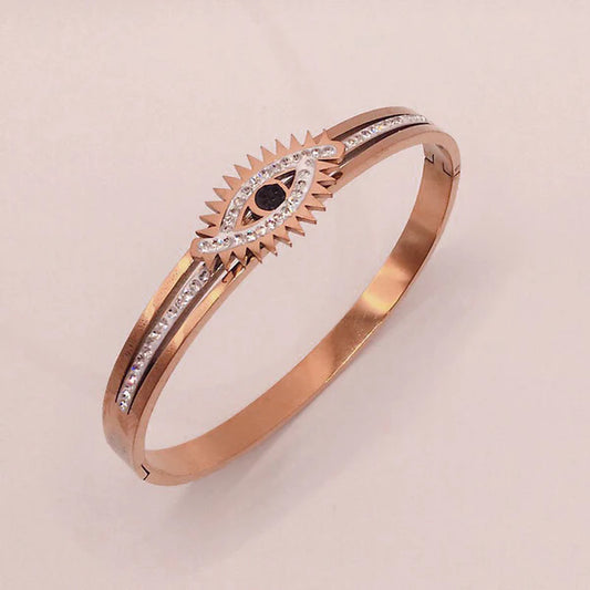 Rose Gold Plated Stainless Steel American Diamond Studded Evil Eye Bracelet For Women