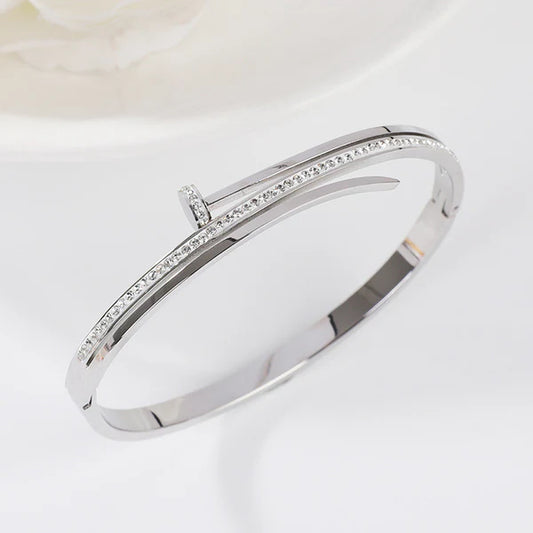 Silver Plated Stainless Steel American Diamond Studded Nail Anti-Tarnish Bracelet For Women
