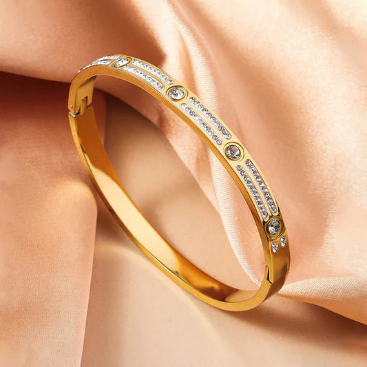Gold-Plated Stainless Steel American Diamond Studded Bangle-Style Anti-Tarnish Bracelet For Women