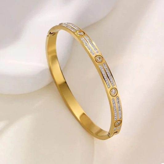 Gold-Plated Stainless Steel American Diamond Studded Bangle-Style Anti-Tarnish Bracelet For Women