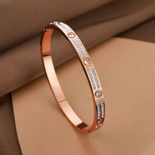 Rose Gold-Plated Stainless Steel American Diamond Studded Bangle-Style Bracelet For Women