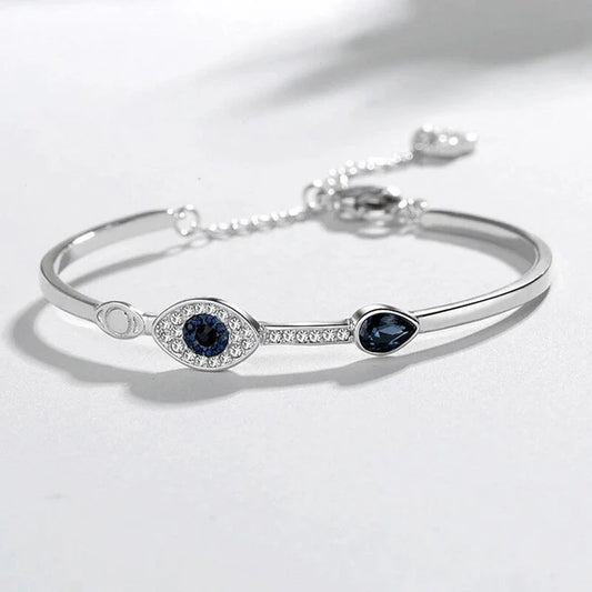 Silver-Plated Stainless Steel American Diamond Evil Eye Bangle-Style Anti-Tarnish Bracelet For Women