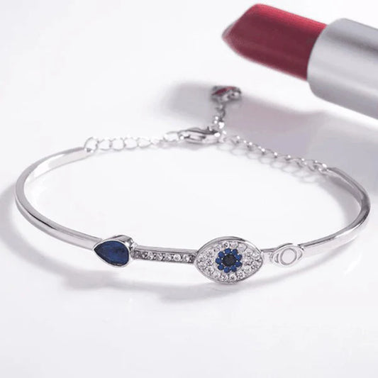 Silver-Plated Stainless Steel American Diamond Evil Eye Bangle-Style Anti-Tarnish Bracelet For Women
