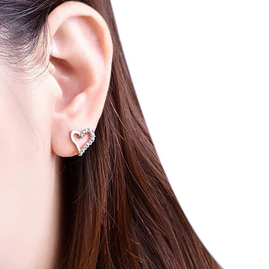Silver Plated American Diamond Studded Heart Shape Korean Stud Earrings