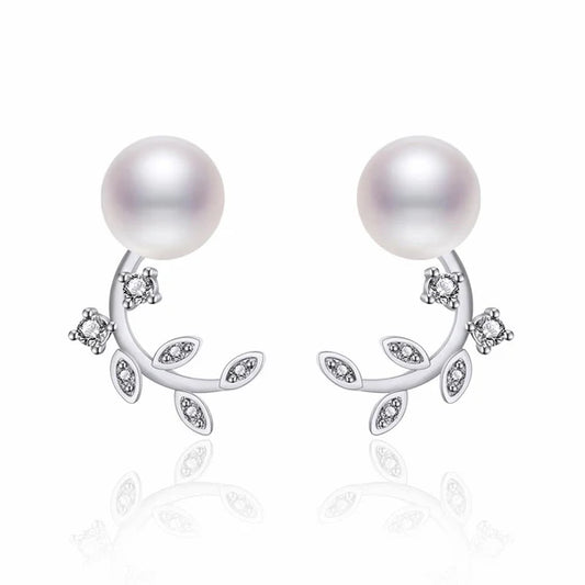 Silver Plated American Diamond Studded Pearl Leaf Korean Stud Earrings