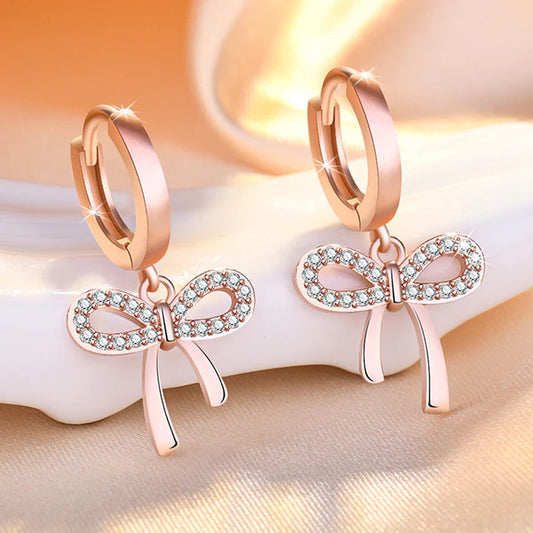 Rose Gold Plated American Diamond Studded Bow-Tie Shape Korean Stud Earrings
