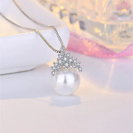 Silver Plated American Diamond Studded Crown Like Pearl Studded Korean Pendant