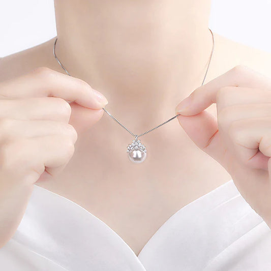 Silver Plated American Diamond Studded Crown Like Pearl Studded Korean Pendant